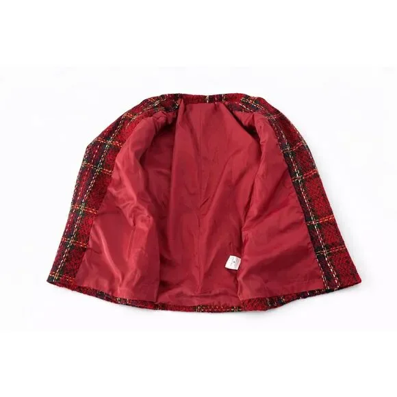 Red Tweed Style Open Front Jacket-Gold Button Detail Bouclé Knit Blazer |Medium - Picture 3 of 12